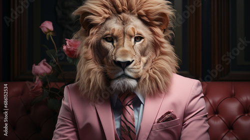 Lion wearing pink suit.