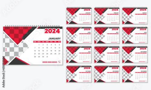 Modern 12 pages desk calendar template for the year 2024. Corporate and business planner diary.