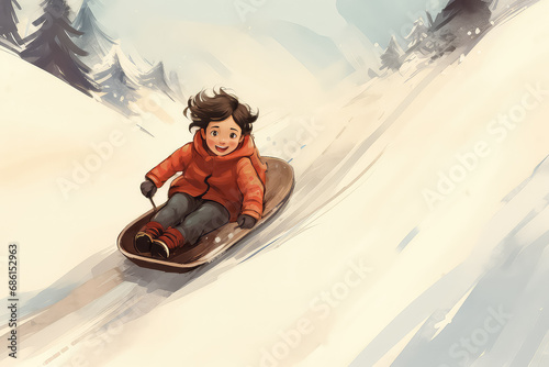 Young girl sledding in winter