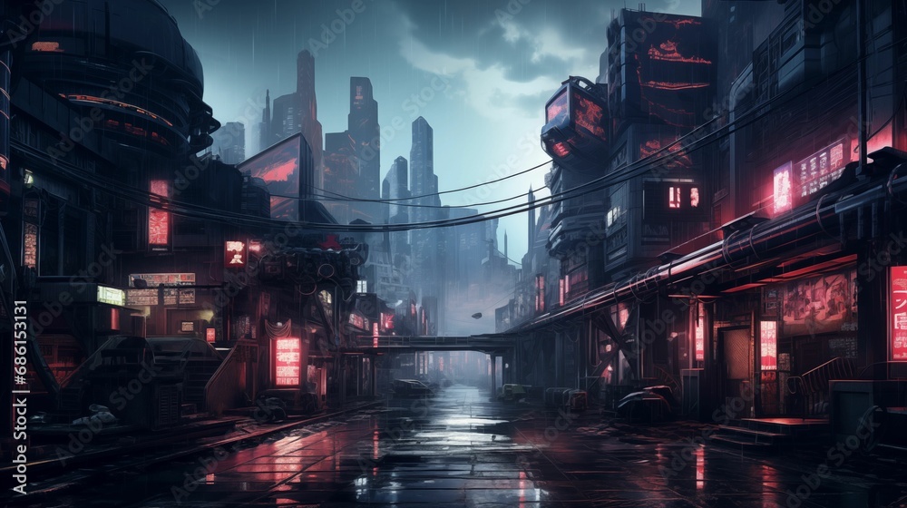 Illustration of a cyberpunk cityscape shrouded in rain at night. - obrazy, fototapety, plakaty 
