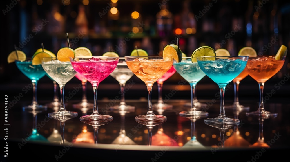 Group of stylish cocktails in glasses.