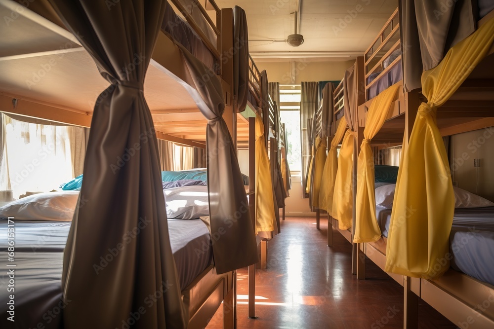 A dormitory room in the hostel showcasing bunk beds neatly arranged in a row A dormitory room in the hostel showcasing bunk beds neatly arranged in a row