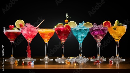 Group of stylish cocktails in glasses.