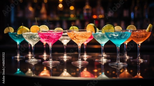 Group of stylish cocktails in glasses.