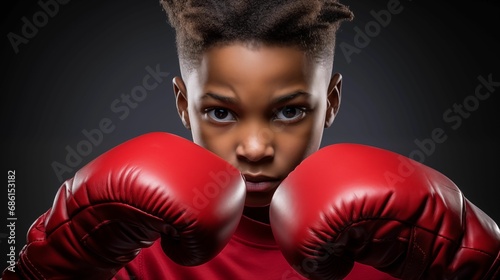 Image of a boy wearing boxing gloves. © kept