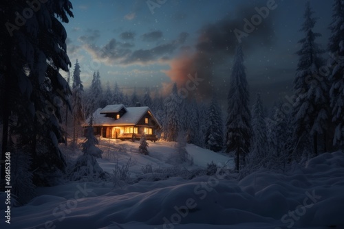 Amidst a winter night landscape, a quaint cabin house nestled in a snow-covered forest emits a gentle plume of smoke © Radmila Merkulova