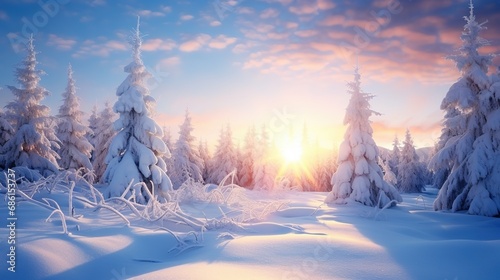 Beautiful winter landscape. Majestic white spruces glowing by sunlight. Picturesque and gorgeous wintry scene © Boraryn