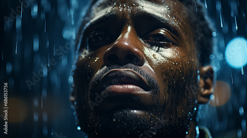 Portrait of black man with a water drops on face.