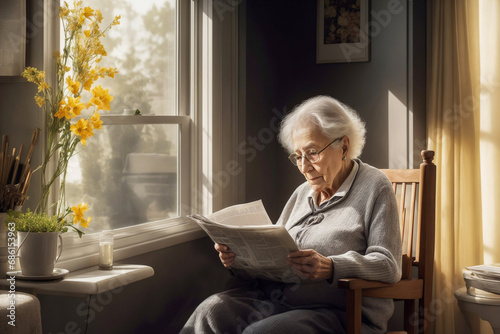 An elderly woman reads a newspaper at the window of the house. photo