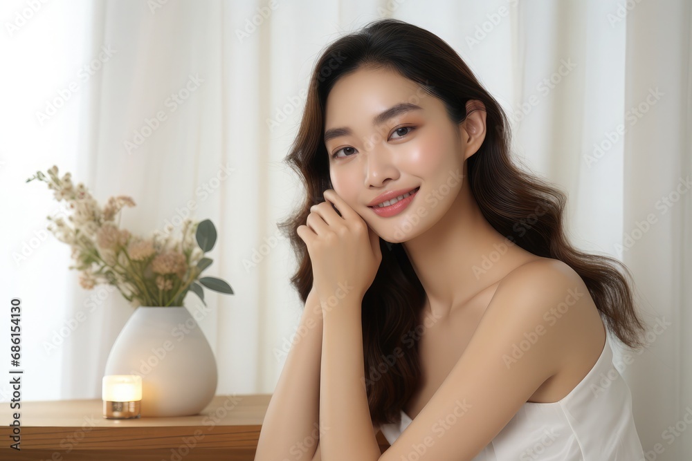 Young beautiful Asian woman looking at camera close up with natural Korean makeup, perfect clean skin, curly dark hair. with copy space. Beauty skin care Young beautiful Asian woman looking at camera close up with natural Korean makeup, perfect clean skin, curly dark hair. with copy space. Beauty skin care