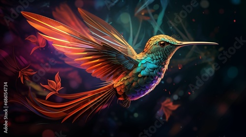 Colorful hologram of a hummingbird on a dark background. © kept