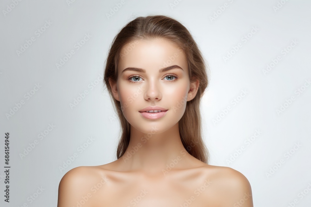 Close up of beautiful face. Glow skin and plump lips with natural makeup Close up of beautiful face. Glow skin and plump lips with natural makeup