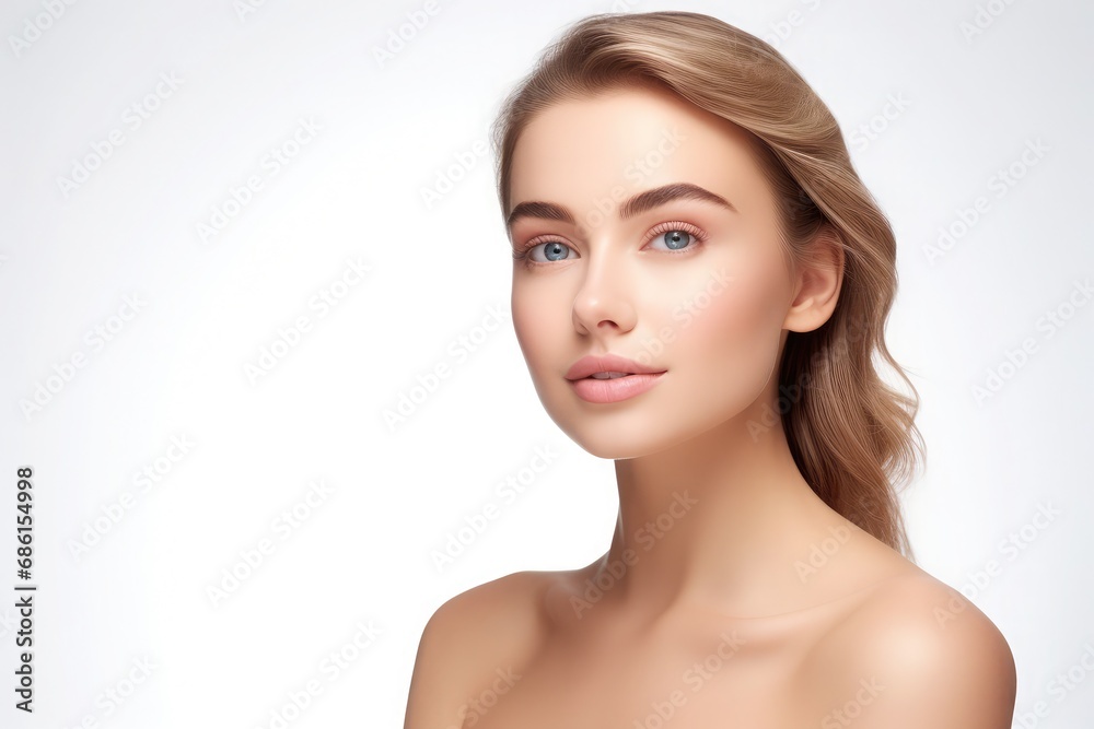 Close up of beautiful face. Glow skin and plump lips with natural makeup Close up of beautiful face. Glow skin and plump lips with natural makeup