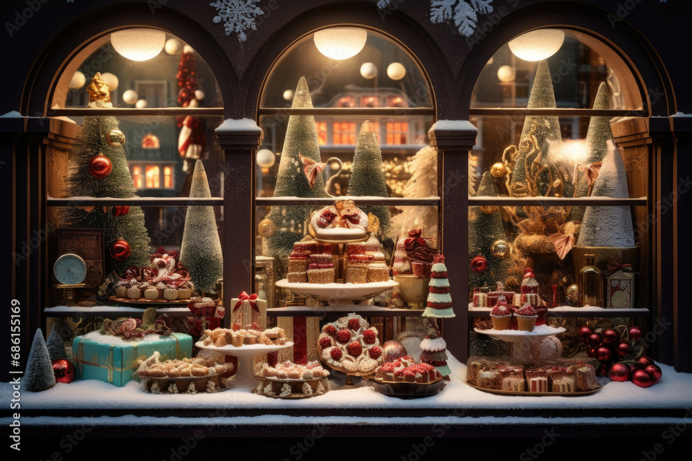 Christmas window display of a coffee and chocolate store