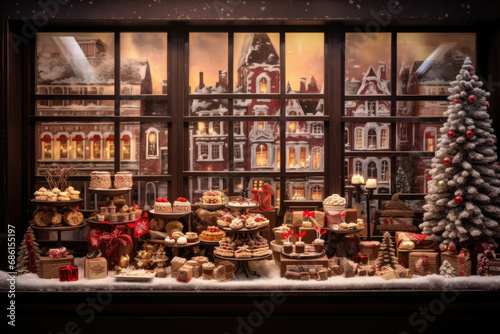 Christmas window display of a coffee and chocolate store