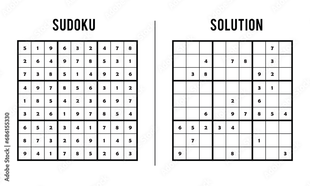 Sudoku Puzzles for Kids and Adults, Game With Solution, Magic Square. Logic puzzle game. Digital rebus Sudoku Puzzles for Kids and Adults, Game With Solution, Magic Square. Logic puzzle game. Digital rebus