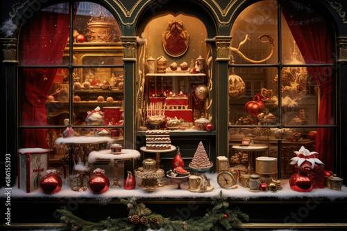 Christmas window display of a coffee and chocolate store