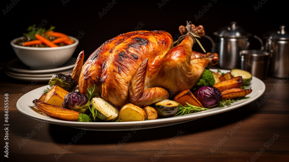 Fototapeta premium Succulent Roasted Chicken with Roasted Vegetables