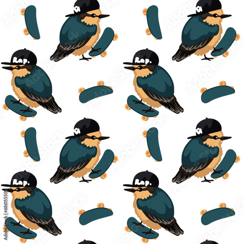The pattern is sparrows or birds in caps. Fancy birds on a skateboard. Vector illustration of repeating birds with a cap and a skateboard  standing  riding on a white background. A sporting bird