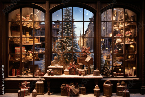 Christmas window display of a coffee and chocolate store