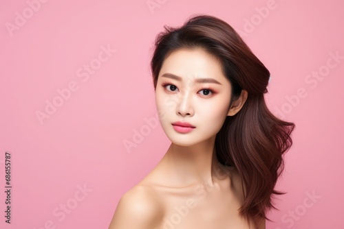 Photo young asian beauty woman curly long hair with korean makeup style on face and perfect skin on isolated beige background facial treatment cosmetology plastic surgery