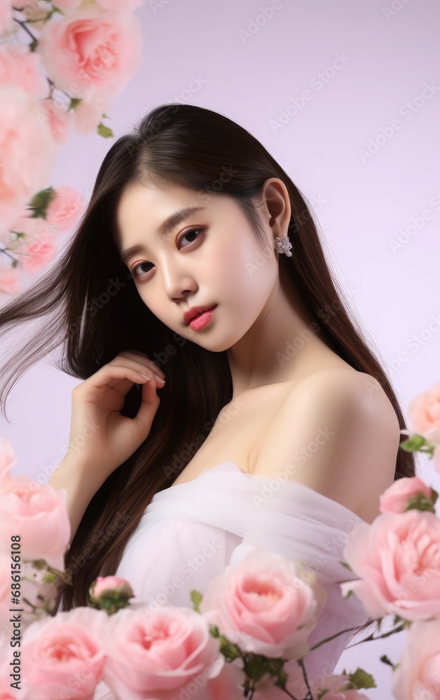 Young beautiful Asian woman looking at camera close up with natural Korean makeup, perfect clean skin, curly dark hair. White background with copy space. Beauty skin care Young beautiful Asian woman looking at camera close up with natural Korean makeup, perfect clean skin, curly dark hair. White background with copy space. Beauty skin care