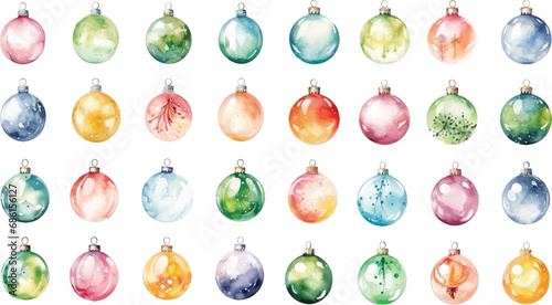 Watercolor multicolored Christmas tree balls, New Year, winter holidays, holiday design, print, vector - generative AI