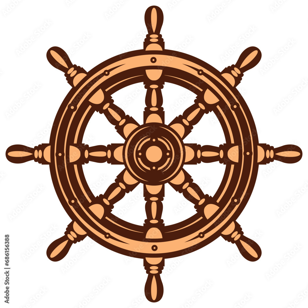Marine wood color wooden steering wheel from a ship, consisting of eight spokes. Color vector illustration. Template or element for design
