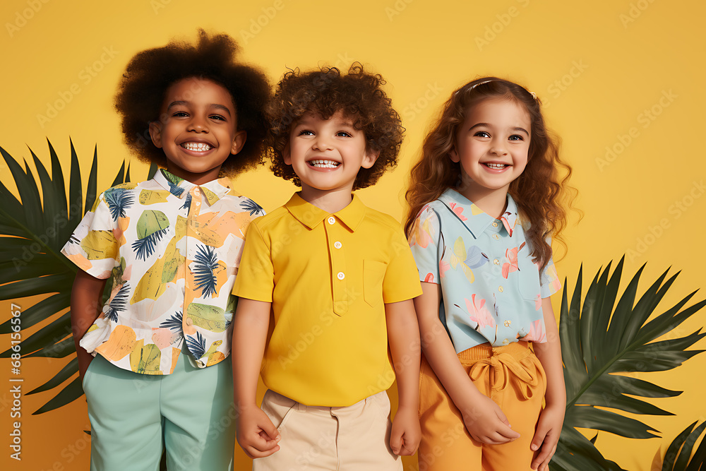 Group portrait of happy african and american children wearing summer clothes isolated on a yellow background Group portrait of happy african and american children wearing summer clothes isolated on a yellow background
