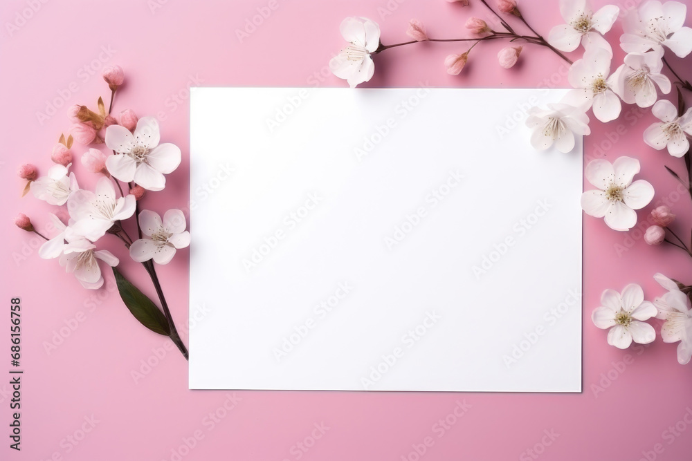 A white postcard with a flower branch lies on a pink background, a place for text A white postcard with a flower branch lies on a pink background, a place for text