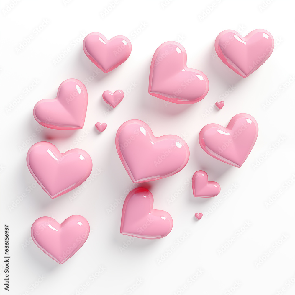 Glossy 3d clay icon hearts, floating, pink color, white background, copyspace
