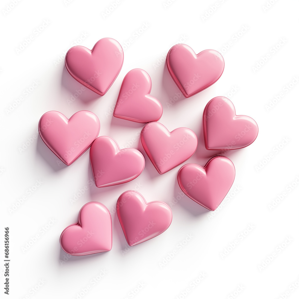 3d clay icon hearts, floating, pink color, white background, copyspace cookie