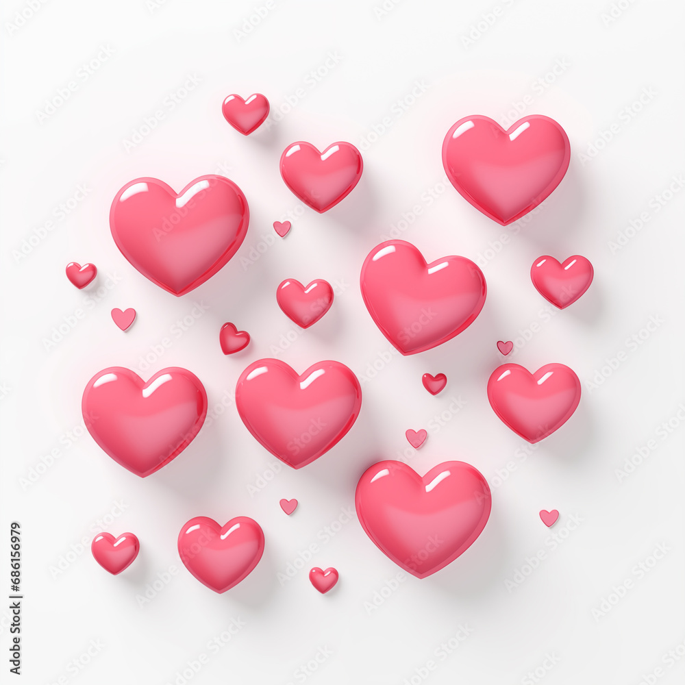 3d clay icon hearts, floating, pink color, white background, copyspace