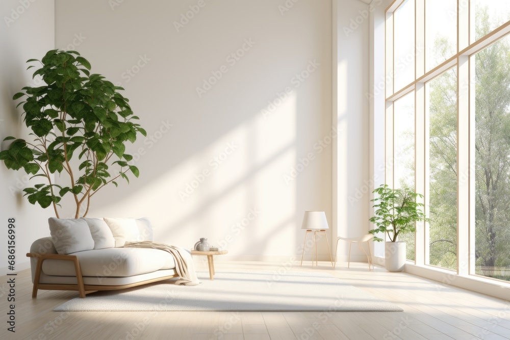 Fototapeta premium A simple, soothing interior space with white walls and large windows