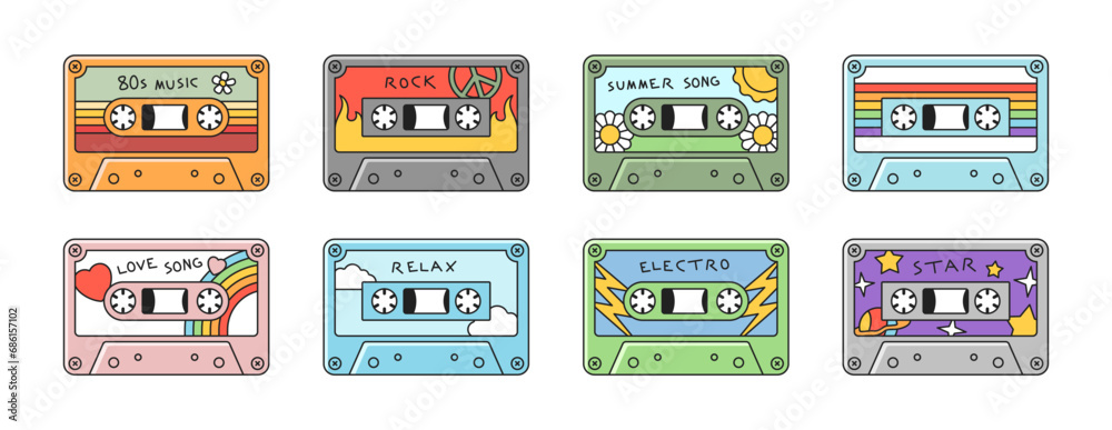 Set of vintage tape Cassettes. Retro audio cassettes with music in style of eighties. Rock, relax, electro and star songs. Cartoon flat vector collection isolated on white background