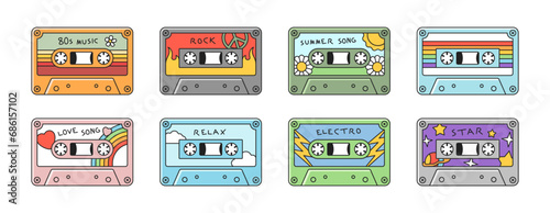 Set of vintage tape Cassettes. Retro audio cassettes with music in style of eighties. Rock, relax, electro and star songs. Cartoon flat vector collection isolated on white background