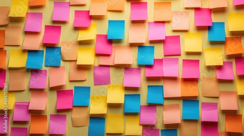Many colorful  sticky notes  or adhesive notes on a wall or bulletin board