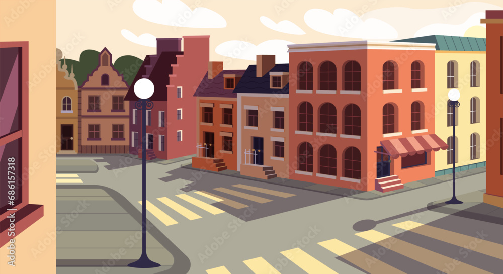 City street panorama. Architecture of city center in rays of sunlight at sunset. Empty urban landscape with houses, buildings, facades and road intersections. Cartoon flat vector illustration