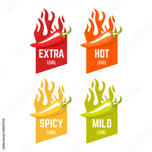 Hot spicy level labels of vector chili. Spicy food or sauce taste scale indicators, green, red, yellow and orange rating signs for hot, extra and mild taste