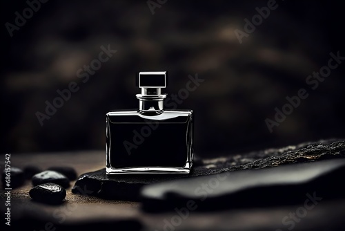rectangular perfume container on black stone background