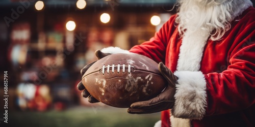 Portrait of Santa holding a rugby ball. Living room blurred in the background.