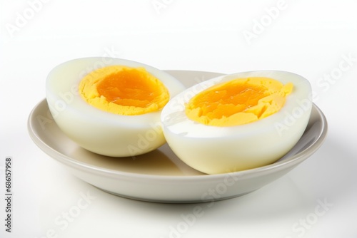 A boiled egg displayed on a plain white background