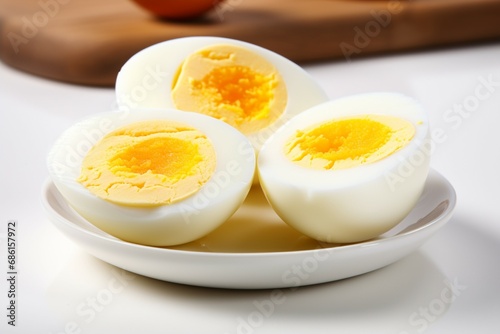 A boiled egg displayed on a plain white background