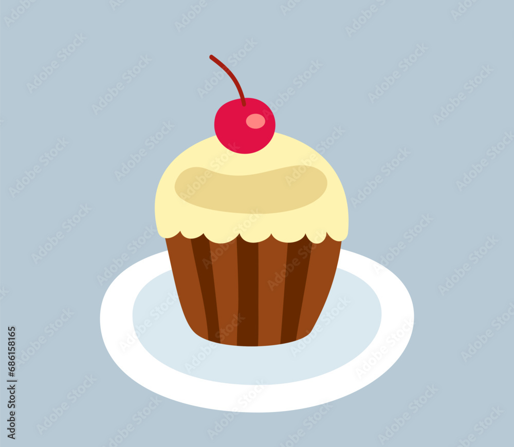 Sweet dessert icon. Sticker with small chocolate muffin in vanilla glaze. Delicious cupcake with cherries. Confectionery or pastry. Cartoon flat vector illustration isolated on gray background Sweet dessert icon. Sticker with small chocolate muffin in vanilla glaze. Delicious cupcake with cherries. Confectionery or pastry. Cartoon flat vector illustration isolated on gray background