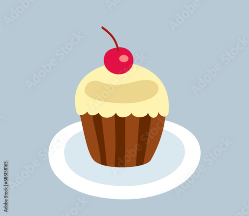 Sweet dessert icon. Sticker with small chocolate muffin in vanilla glaze. Delicious cupcake with cherries. Confectionery or pastry. Cartoon flat vector illustration isolated on gray background
