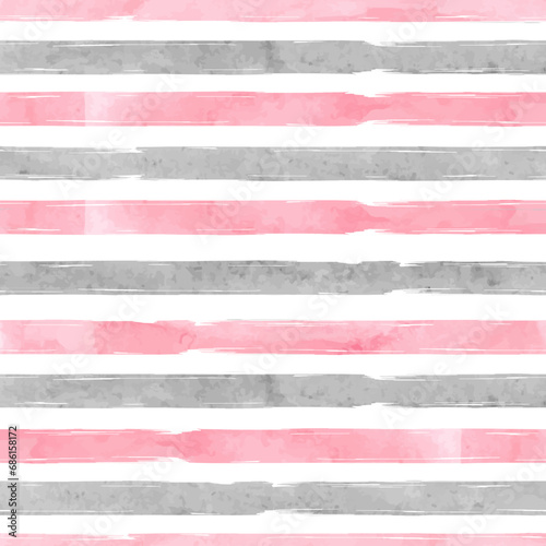 Watercolor horizontal stripes seamless pattern. Striped vector background in pink and grey colors
