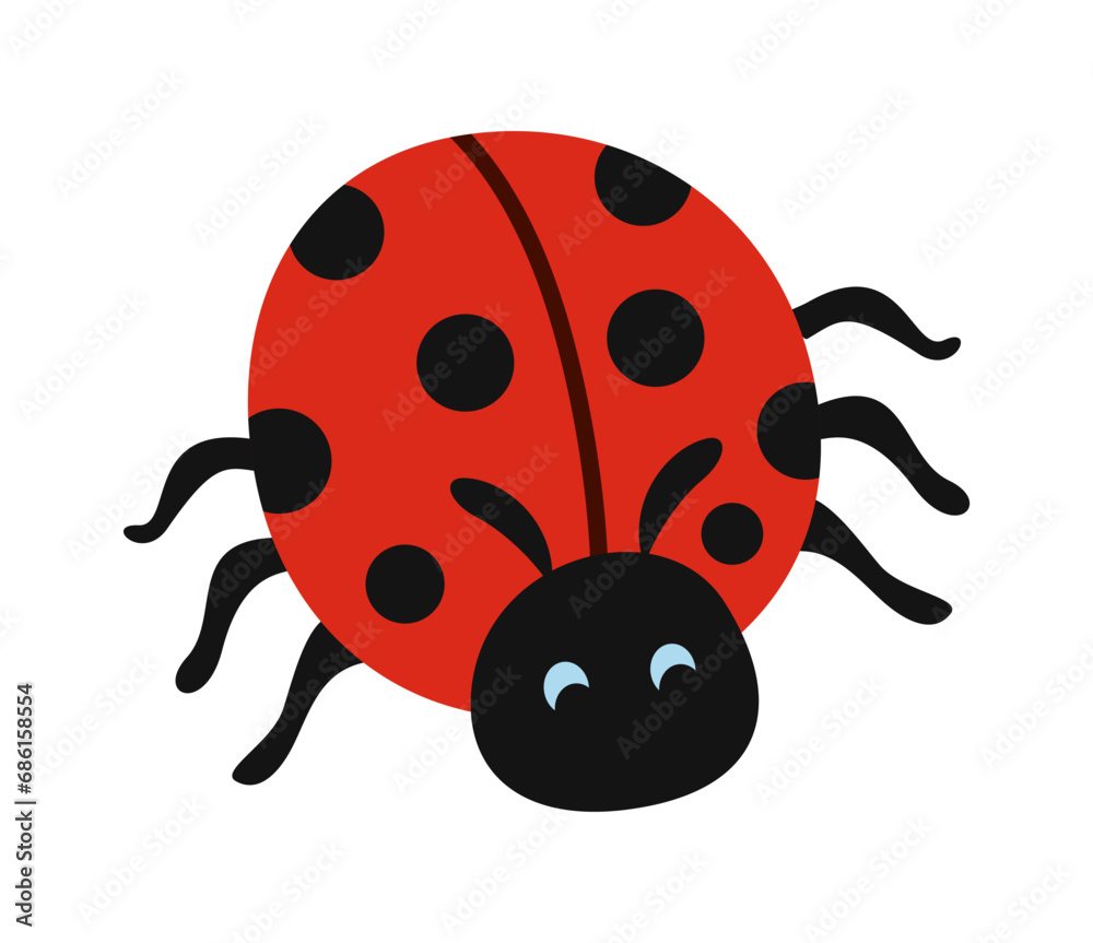 Cute wild insect. Icon or sticker with beautiful red ladybug. Spotted insect or flying beetle. Funny garden or wild animal. Cartoon flat vector illustration isolated on white background Cute wild insect. Icon or sticker with beautiful red ladybug. Spotted insect or flying beetle. Funny garden or wild animal. Cartoon flat vector illustration isolated on white background