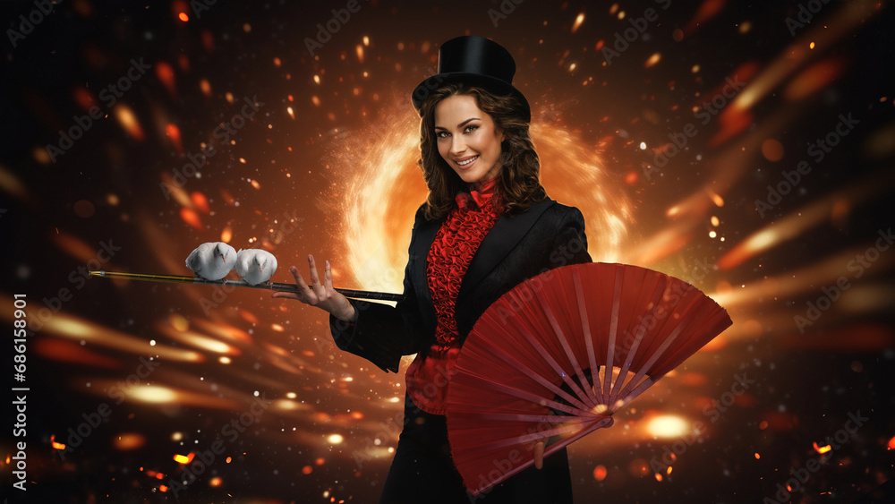 Elegant magician with top hat performing with fire and fan Elegant magician with top hat performing with fire and fan