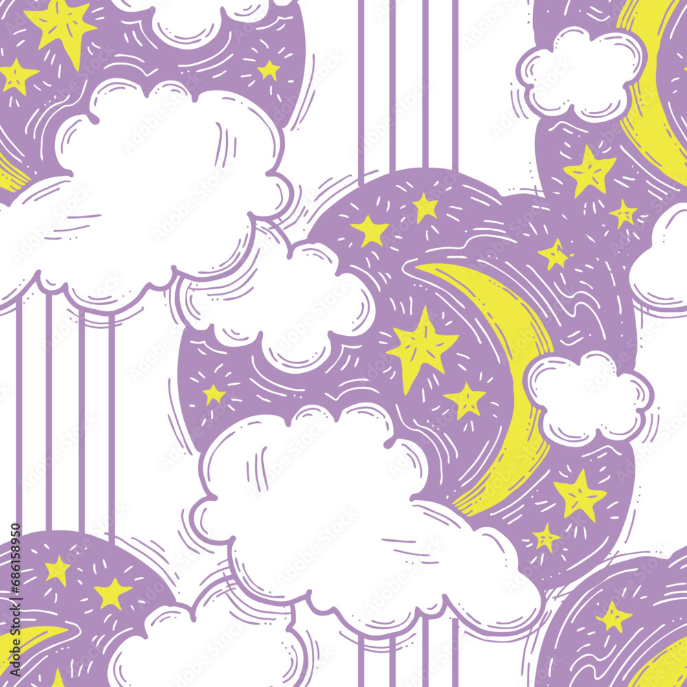 Fototapeta premium Starry night seamless vector pattern with moon, stars and clouds. Boho style decorative background for wallpaper, digital paper, wrapping design, fashion fabric, textile print. Hand drawn illustration