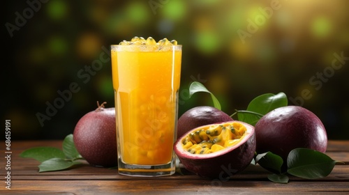 Passion fruit juice with ice in cafe or restaurant is a healthy drink on wooden table background with copy space for text